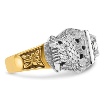 14k Two-tone Gold Men's Polished and Textured with Black Enamel and Diamond 32nd Degree Scottish Rite Masonic Ring