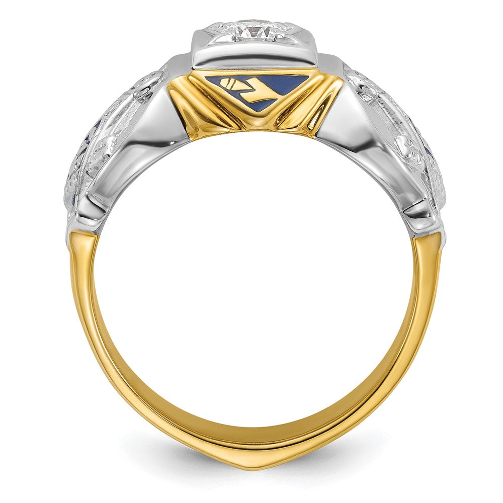 14k Two-tone Gold Men's Polished and Textured with Blue Enamel and Diamond Blue Lodge Master Masonic Ring