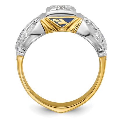 14k Two-tone Gold Men's Polished and Textured with Blue Enamel and Diamond Blue Lodge Master Masonic Ring