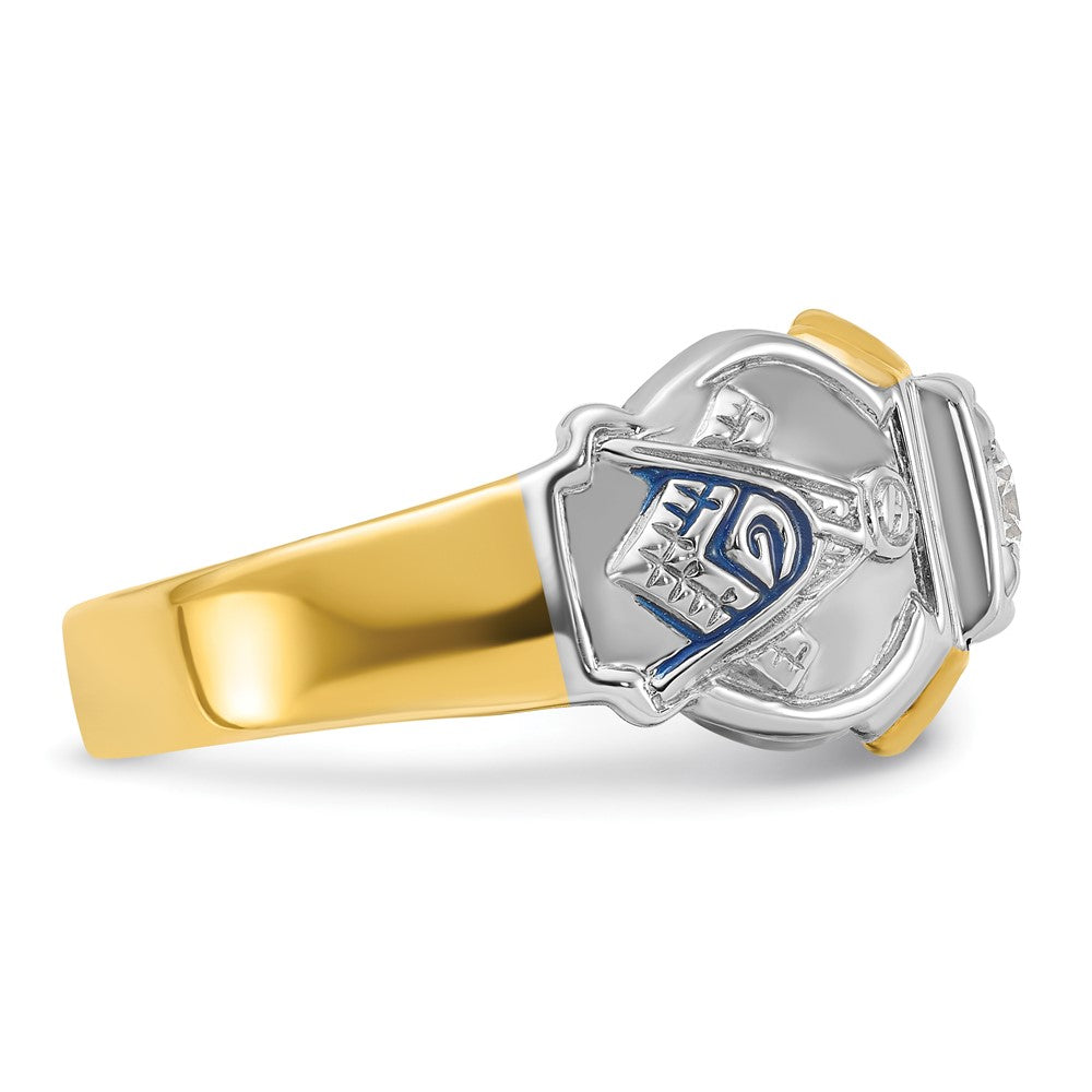 14k Two-tone Gold Men's Polished and Textured with Blue Enamel and Diamond Blue Lodge Master Masonic Ring