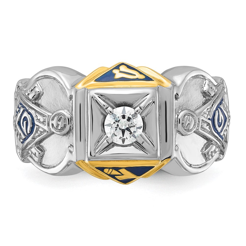 14k Two-tone Gold Men's Polished and Textured with Blue Enamel and Diamond Blue Lodge Master Masonic Ring