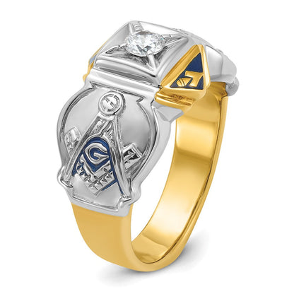 14k Two-tone Gold Men's Polished and Textured with Blue Enamel and Diamond Blue Lodge Master Masonic Ring