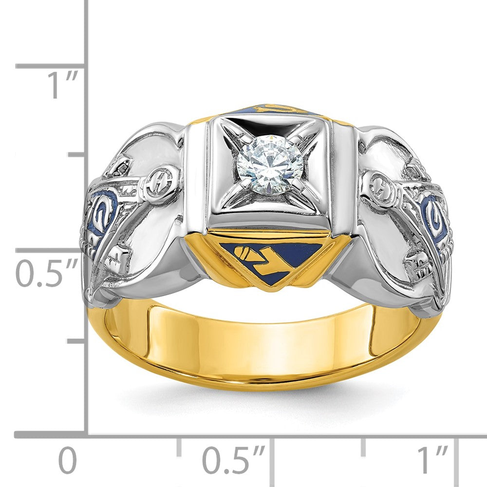 14k Two-tone Gold Men's Polished and Textured with Blue Enamel and Diamond Blue Lodge Master Masonic Ring