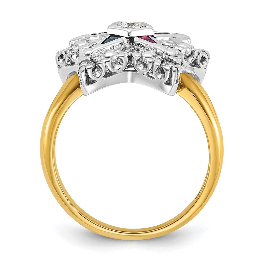 14k Two-tone Gold Women's Polished and Beaded with Multi-color CZ and Diamond Eastern Star Masonic Ring