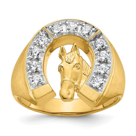 14k Two-tone Gold Men's Satin Horse and Horseshoe 3/4 carat Diamond Complete Ring