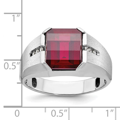 14k White Gold Men's Created Garnet and 1/10 carat Diamond Complete Ring