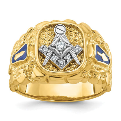14k Two-tone Gold Men's Polished and Nugget Textured Blue Lodge Master Masonic Ring Mounting