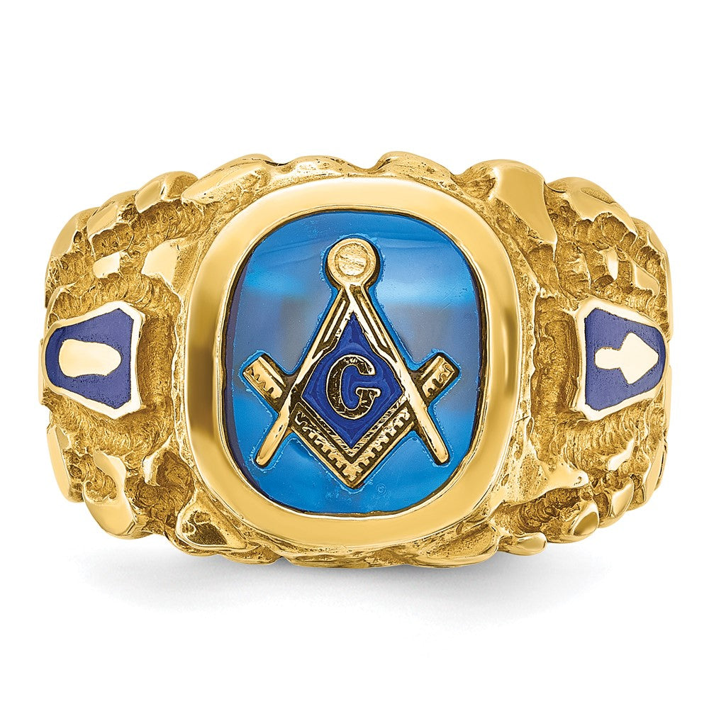 14k Yellow Gold Men's Polished and Nugget Textured Blue Lodge Master Masonic Ring Mounting
