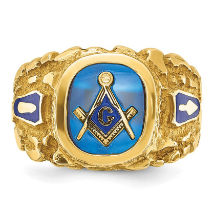 14k Yellow Gold Men's Polished and Nugget Textured Blue Lodge Master Masonic Ring Mounting