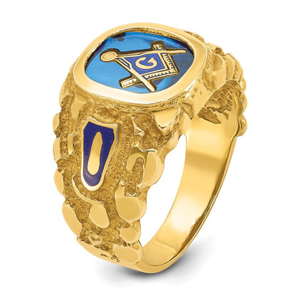 14k Yellow Gold Men's Polished and Nugget Textured Blue Lodge Master Masonic Ring Mounting