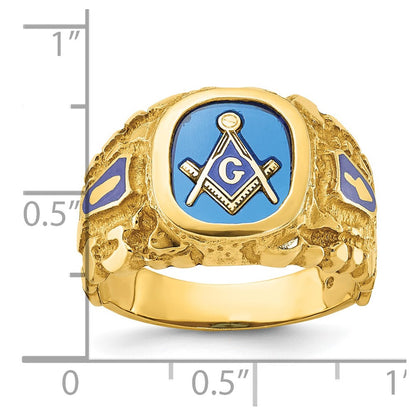 14k Yellow Gold Men's Polished and Nugget Textured Blue Lodge Master Masonic Ring Mounting