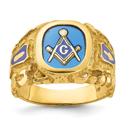14k Yellow Gold Men's Polished and Nugget Textured Blue Lodge Master Masonic Ring Mounting