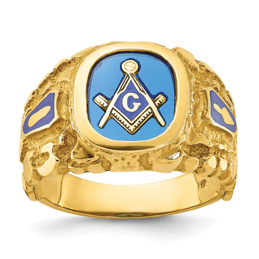 14k Yellow Gold Men's Polished and Nugget Textured Blue Lodge Master Masonic Ring Mounting