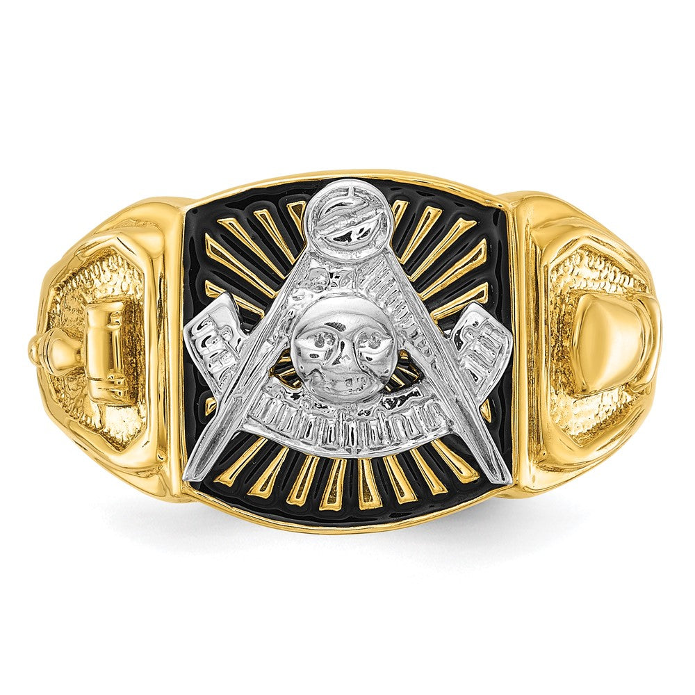 14k Two-tone Gold Men's Polished and Textured with Black Enamel Past Master Masonic Ring