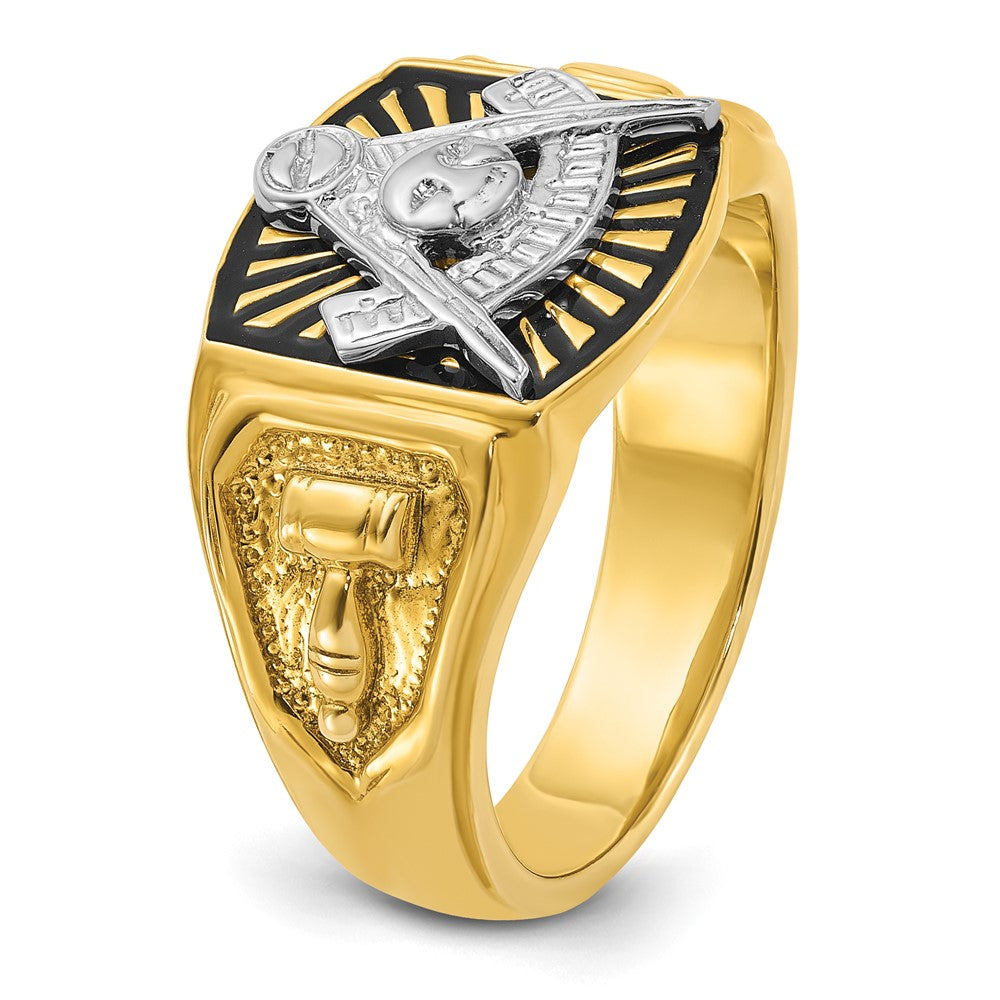 14k Two-tone Gold Men's Polished and Textured with Black Enamel Past Master Masonic Ring