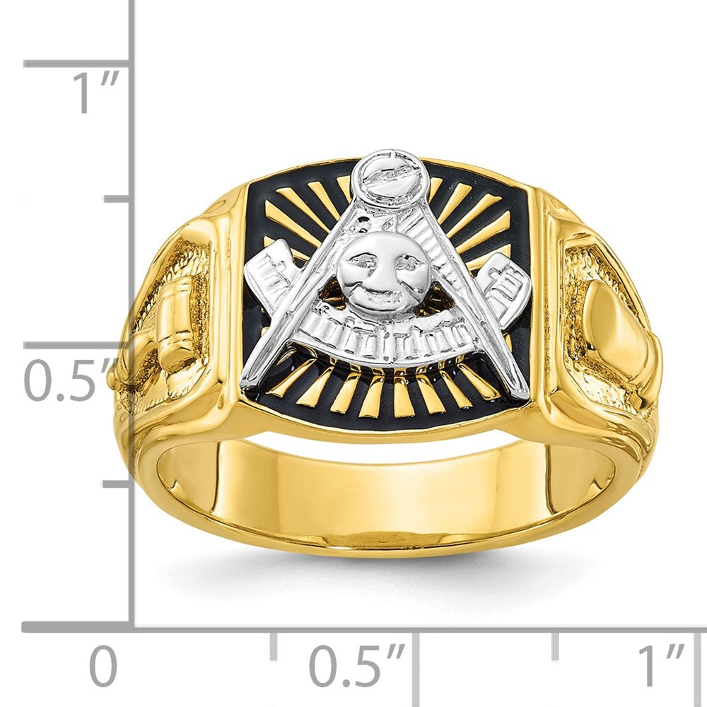 14k Two-tone Gold Men's Polished and Textured with Black Enamel Past Master Masonic Ring