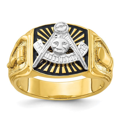 14k Two-tone Gold Men's Polished and Textured with Black Enamel Past Master Masonic Ring