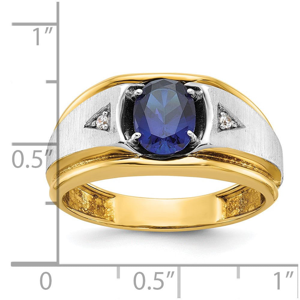 14k Two-tone Gold Men's Created Sapphire and Diamond Satin Complete Ring