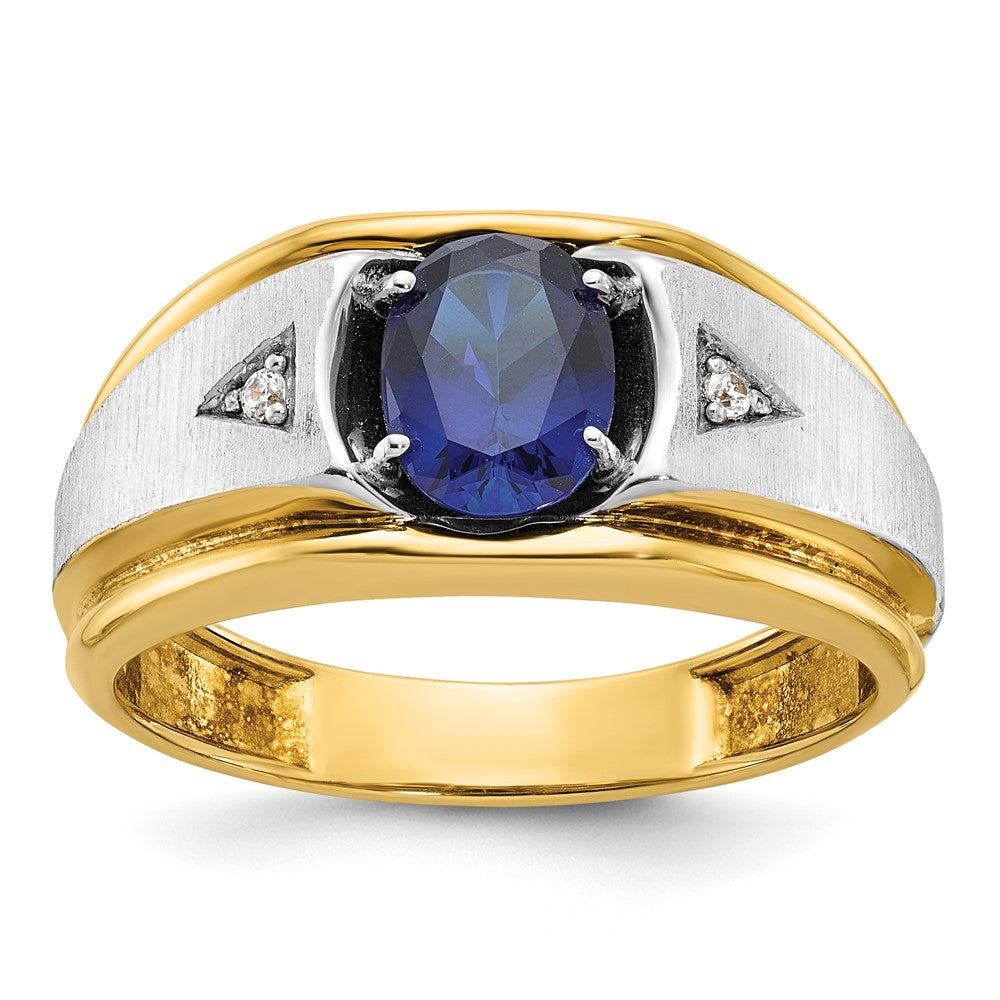 14k Two-tone Gold Men's Created Sapphire and Diamond Satin Complete Ring