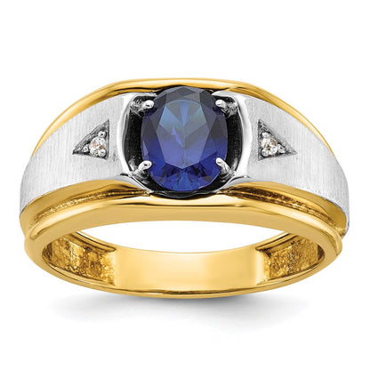 14k Two-tone Gold Men's Created Sapphire and Diamond Satin Complete Ring