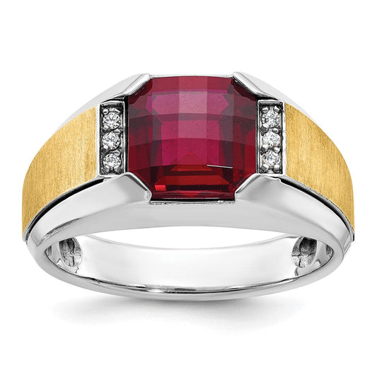 14k Two-tone Gold Men's Satin Created Garnet and 1/20 carat Diamond Complete Ring