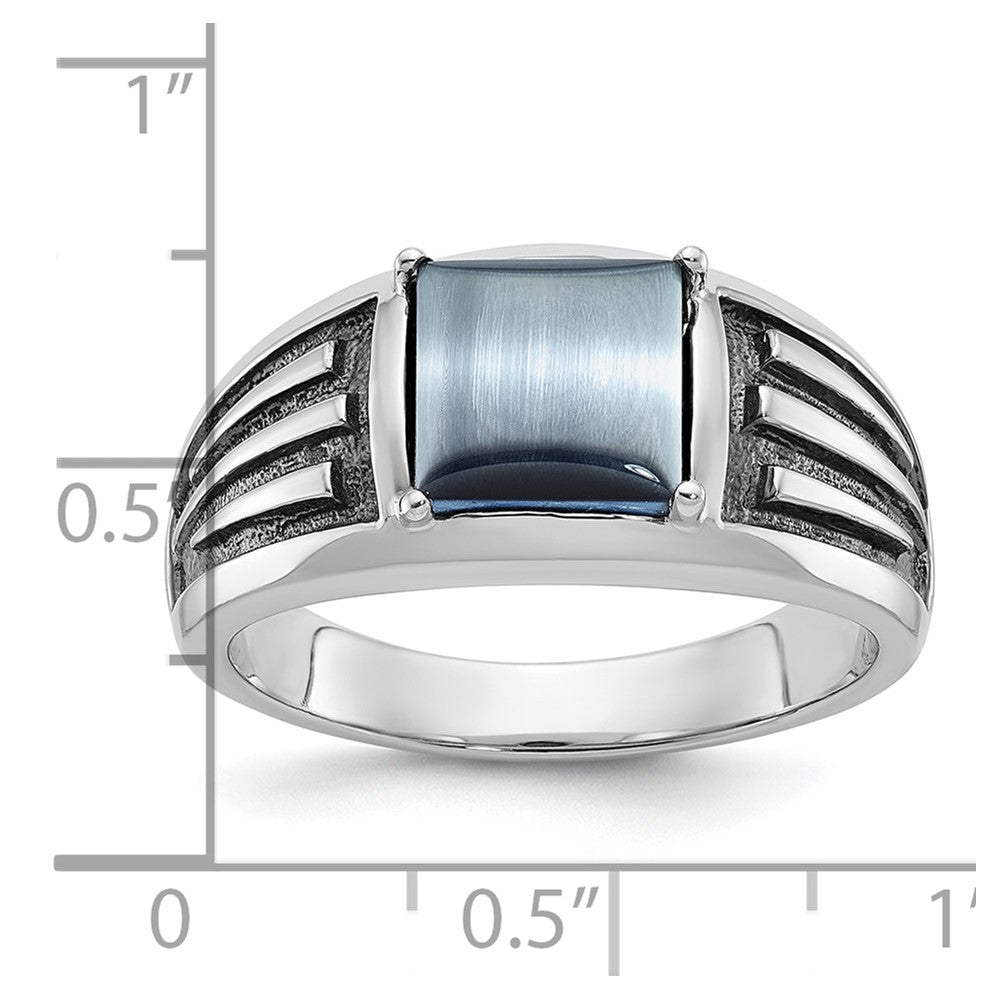 14k White Gold with Black Rhodium Men's Imitation Gray Cat's Eye Complete Ring