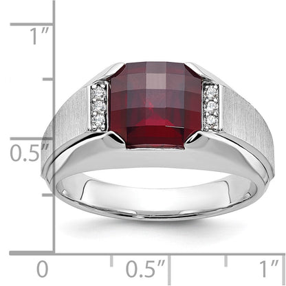 14k White Gold Men's Created Garnet and 1/20 carat Diamond Complete Ring