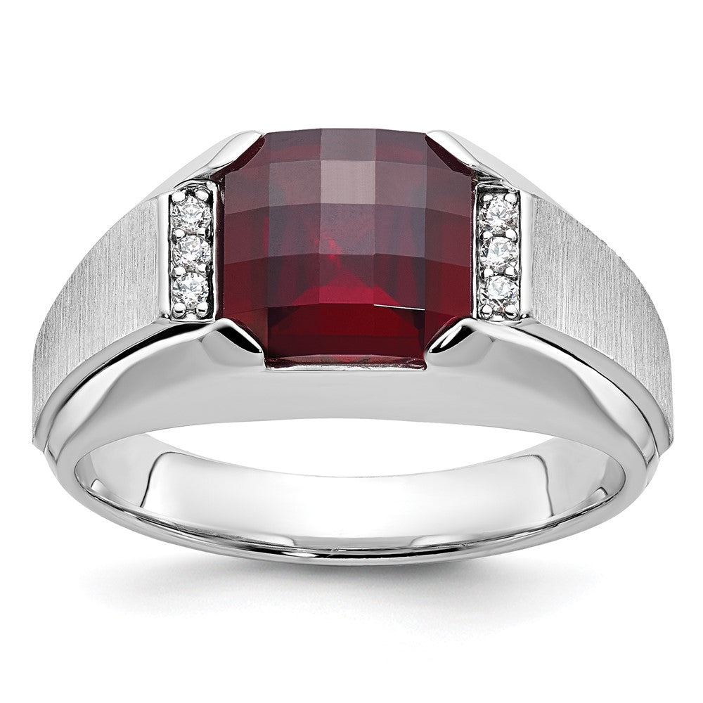 14k White Gold Men's Created Garnet and 1/20 carat Diamond Complete Ring
