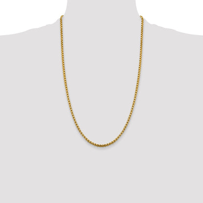 14K Yellow Gold 26 inch 3.6mm Semi-Solid Round Box with Lobster Clasp Chain Necklace