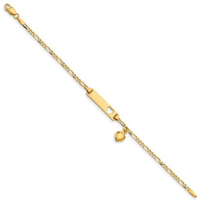 Solid 14K Yellow Gold Cut-out Heart w/Dangling Heart Children's Figaro Link ID Bracelet