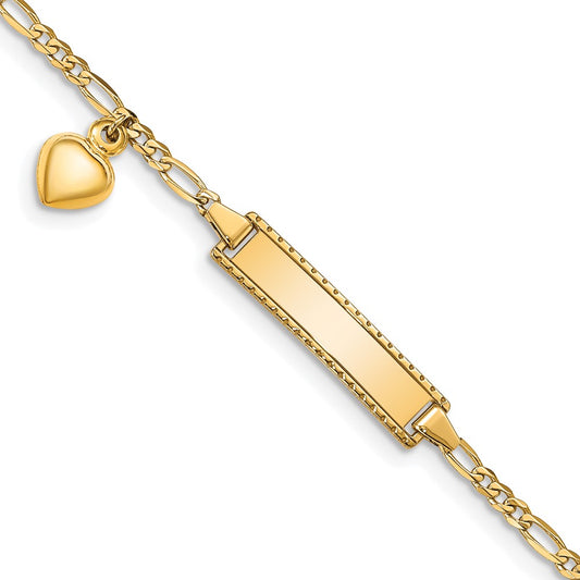 Solid 14K Yellow Gold Dangling Heart Children's Figaro Link ID Bracelet