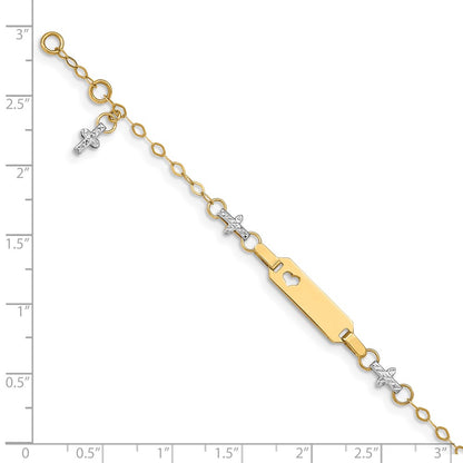Solid 14K Two-tone Gold Baby Polished and Textured Cross w/1in ext. ID Bracelet