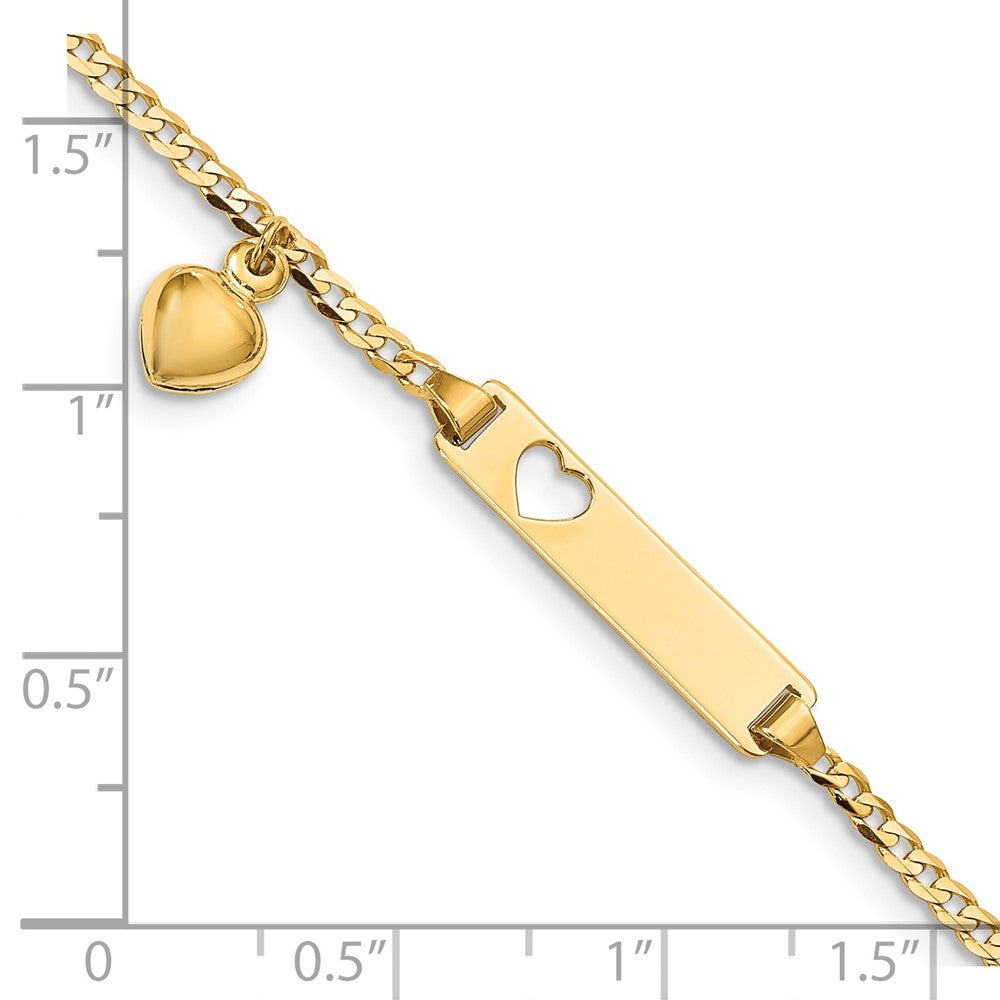 Solid 14K Yellow Gold Cut-out Heart w/Dangling Heart Children's Curb Link ID Bracelet