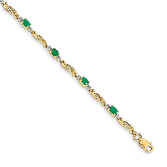 14k Yellow Gold Natural Diamond and Oval Emerald Bracelet