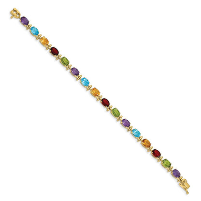 14k Yellow Gold Alternating Rainbow Gemstone Amethyst Peridot Garnet Citrine Blue Topaz 7 inch Bracelet