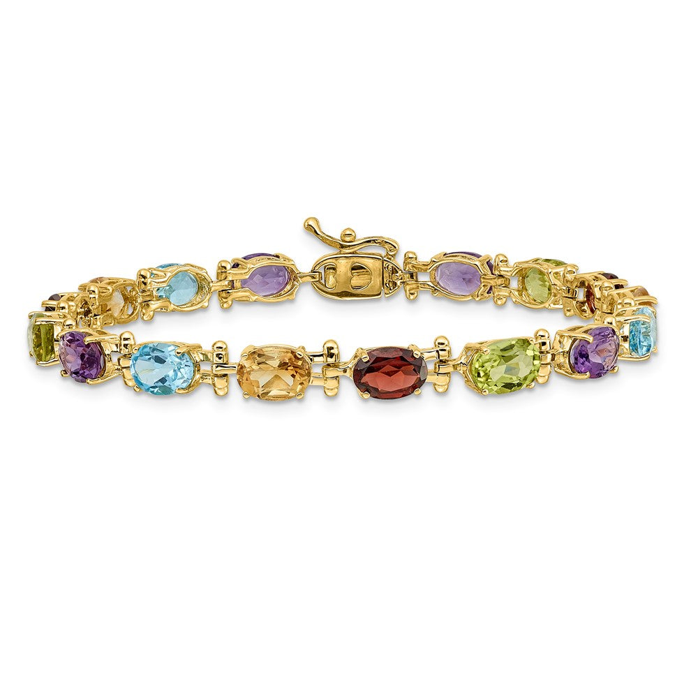 14k Yellow Gold Alternating Rainbow Gemstone Amethyst Peridot Garnet Citrine Blue Topaz 7 inch Bracelet