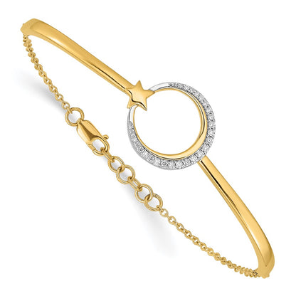 14k Yellow Gold Polished Moon and Star Natural Diamond 7in w/.5in ext Bracelet