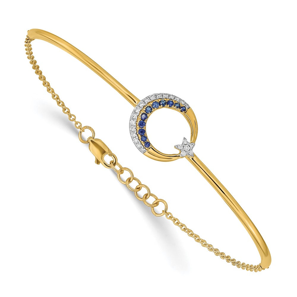 14k Yellow Gold Natural Diamond and Sapphire Moon and Star 7in w/.5in ext Bar Bracelet