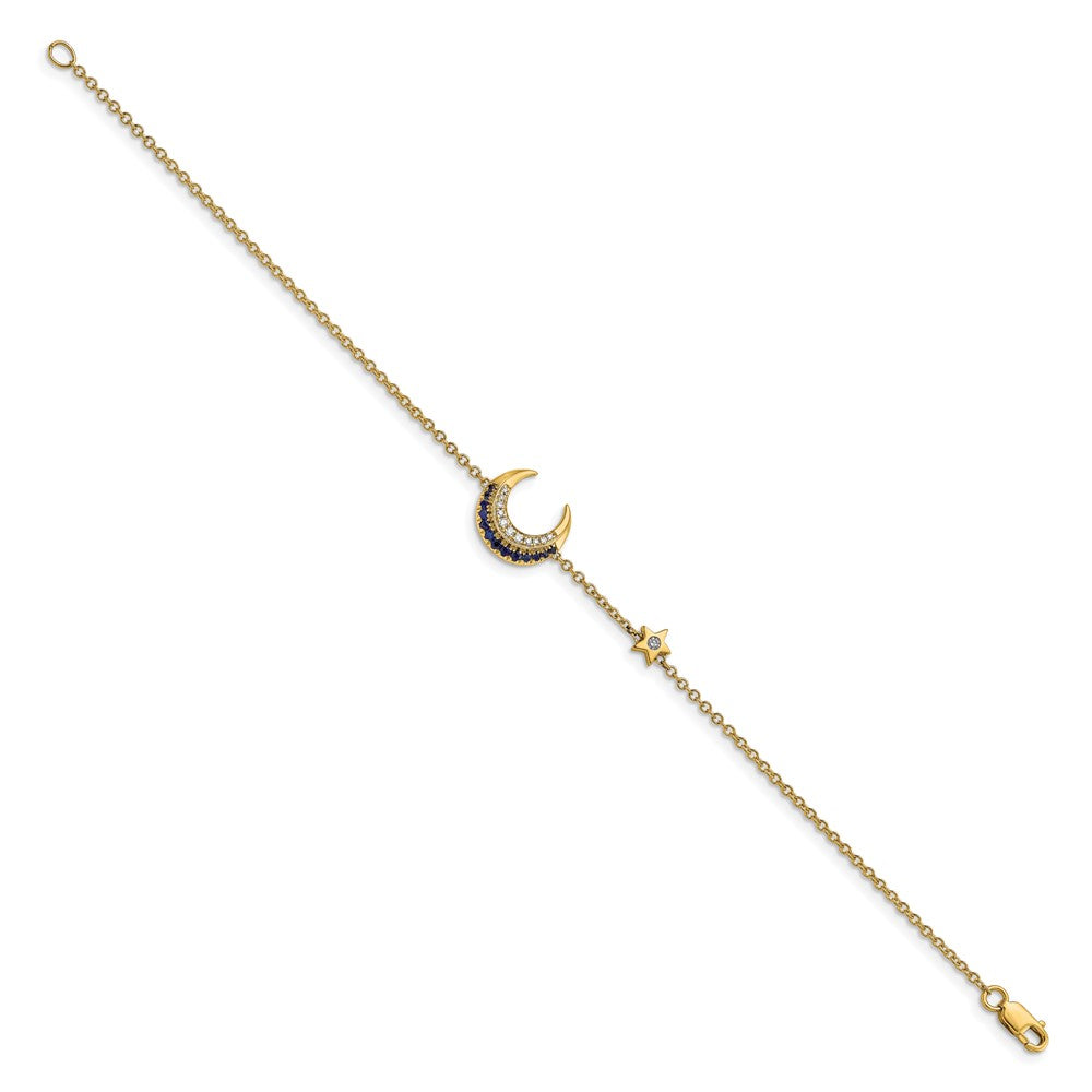 14k Yellow Gold Natural Diamond and Sapphire Moon and Star 7in Bracelet