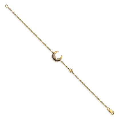 14k Yellow Gold Natural Diamond and Sapphire Moon and Star 7in Bracelet