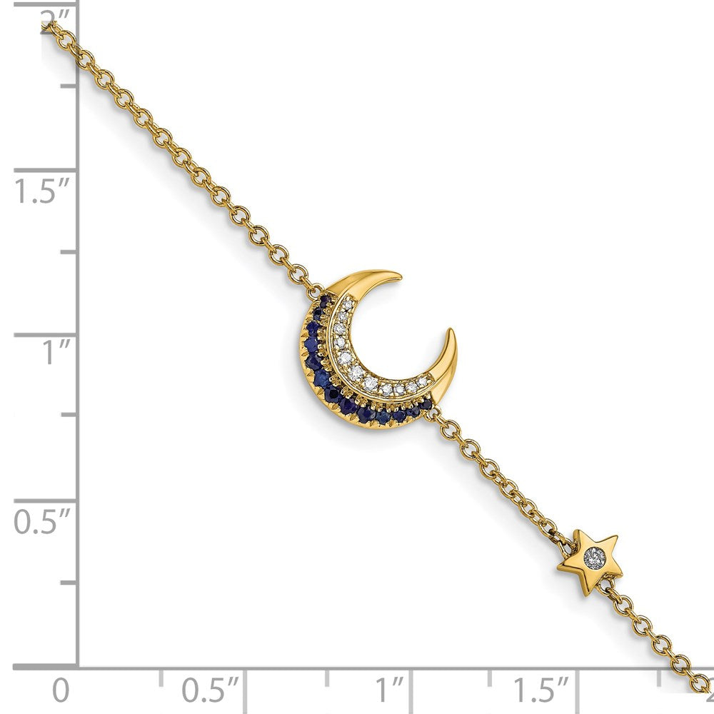 14k Yellow Gold Natural Diamond and Sapphire Moon and Star 7in Bracelet