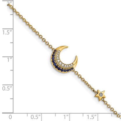 14k Yellow Gold Natural Diamond and Sapphire Moon and Star 7in Bracelet