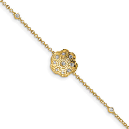 14k Yellow Gold Polished and Textured Natural Diamond Circle 7in Bracelet