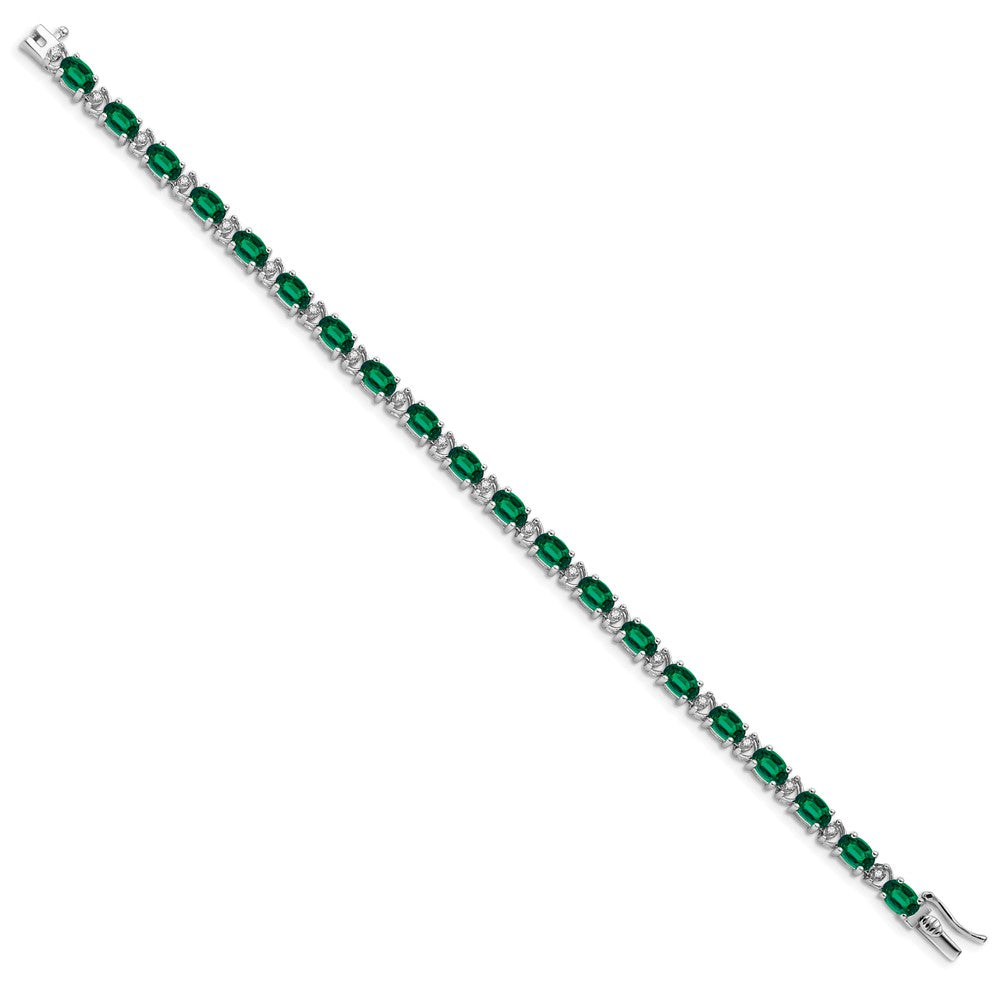 14k White Gold Oval Created Emerald and Natural Diamond Bracelet