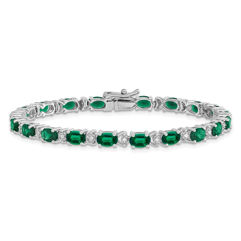 14k White Gold Oval Created Emerald and Natural Diamond Bracelet