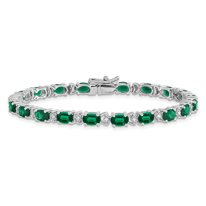14k White Gold Oval Created Emerald and Natural Diamond Bracelet