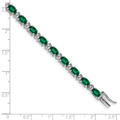 14k White Gold Oval Created Emerald and Natural Diamond Bracelet