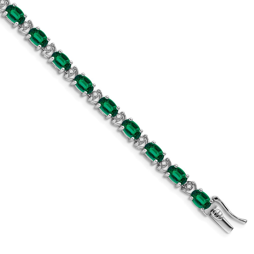 14k White Gold Oval Created Emerald and Natural Diamond Bracelet