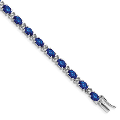 14k White Gold Oval Created Sapphire and Natural Diamond Bracelet