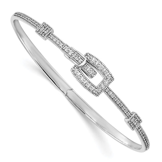 14k White Gold Polished Natural Diamond Square Buckle Hinged Bangle